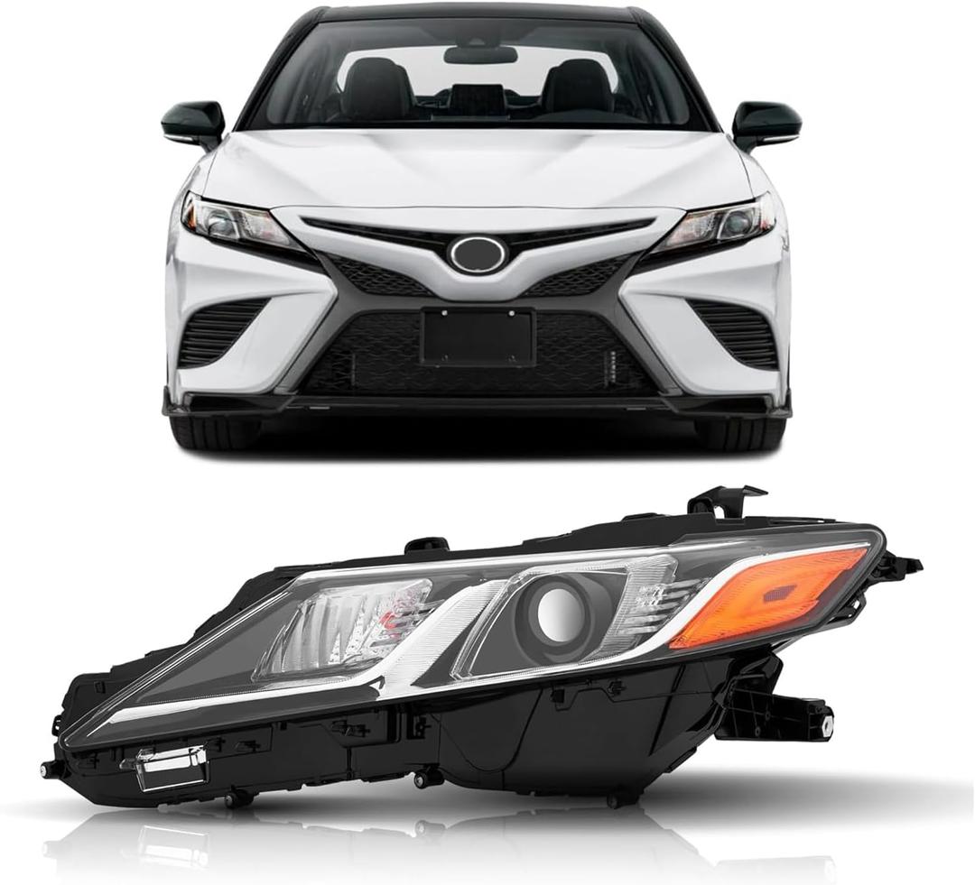 Left Driver Side Headlight Assembly Compatible with 2018 2019 2020 2021 2022 2023 2024 Toyota Camry L LE SE Head Lamps, Chrome Housing Amber