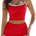 QINSEN Women's Two Piece Swimsuit Spaghetti Strap Crop Top with High Wasited Boyshort Style Bikini Bottom, M