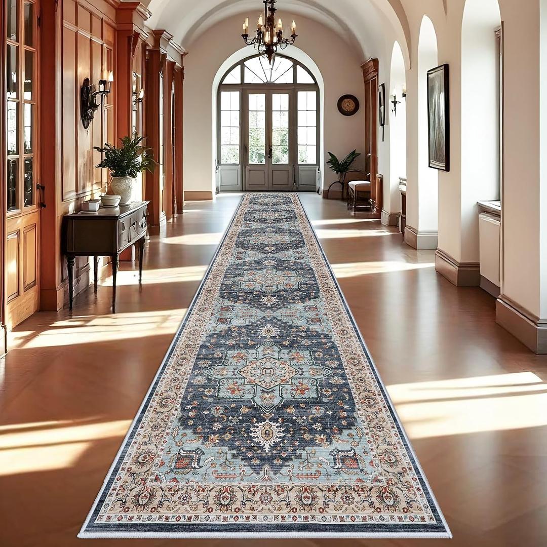 Washable Oriental Hallway Runner Rug - 3x20 Rugs for Living Room Soft Carpet for Bedroom Kitchen Waterproof Floral Distressed Indoor Stain Resistant Non-Shedding Floor Carpets (Blue/Teal/Orange, 3X20)