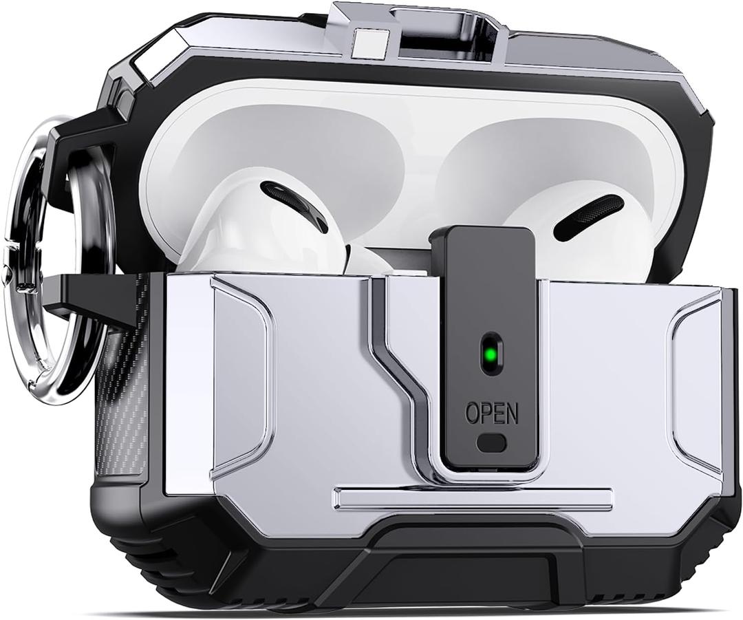 DASFOND Armor Earphone Cover Case for Airpods Pro 2, Military Grade Full Body Shockproof Protection Hard Case, Support Wireless Charging with Keychain, Magnetic Lid, Front LED Visible, Silver