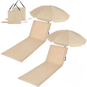 Briwooody 2 Set Beach Chairs with Umbrella Portable Beach Lounger Lightweight Foldable Outdoor Lounger Chair for Outdoor Travel Sunbathing Camping(Solid Color,Beige,Small)