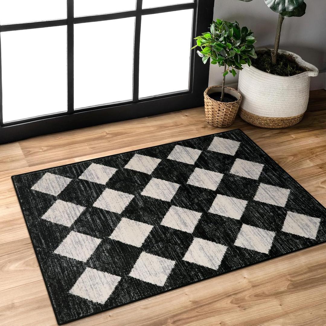 Lahome Moroccan Trellis Area Rug - 2x3 Printed Small Black Checkered Entryway Rug Non Slip Kitchen Mat, Stain Resistance Indoor Modern Floor Soft Throw Carpet for Front Door Bathroom Sink Bedroom (2ft x 3ft, Black)