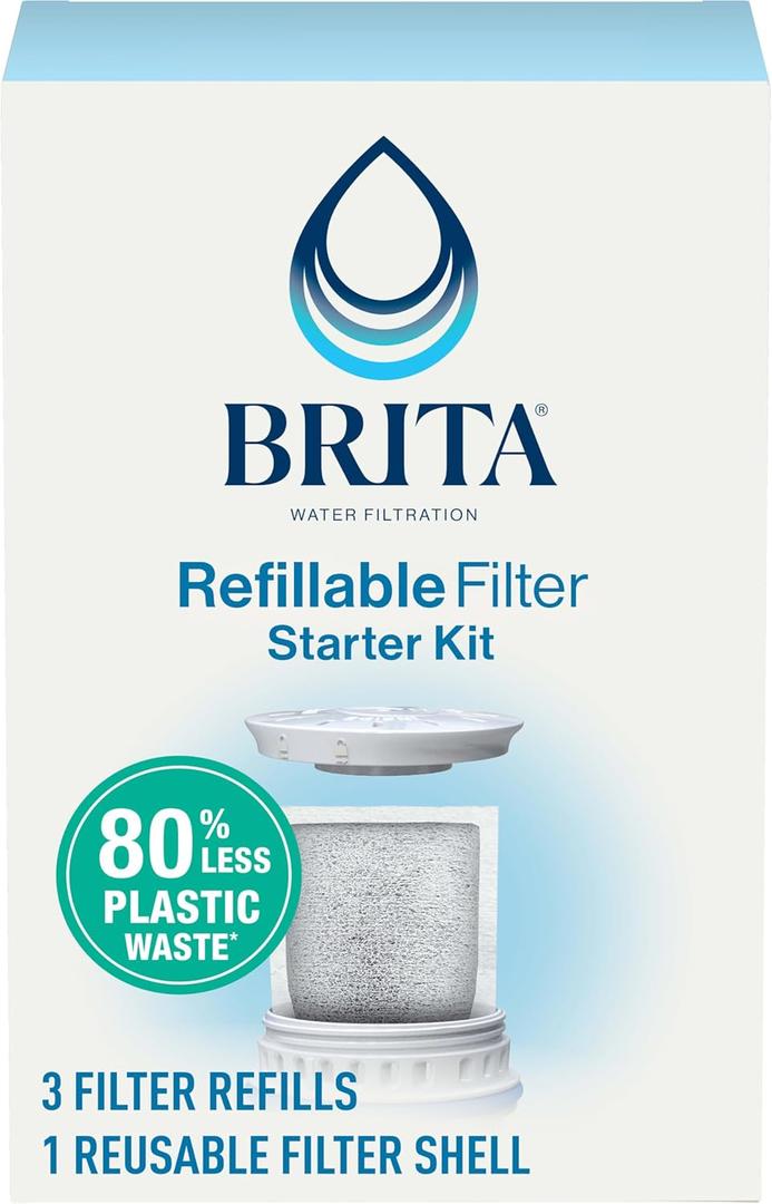 Brita Refillable Water Filtration Starter Kit with 1 Reusable Filter Shell and 3 Filter Refills