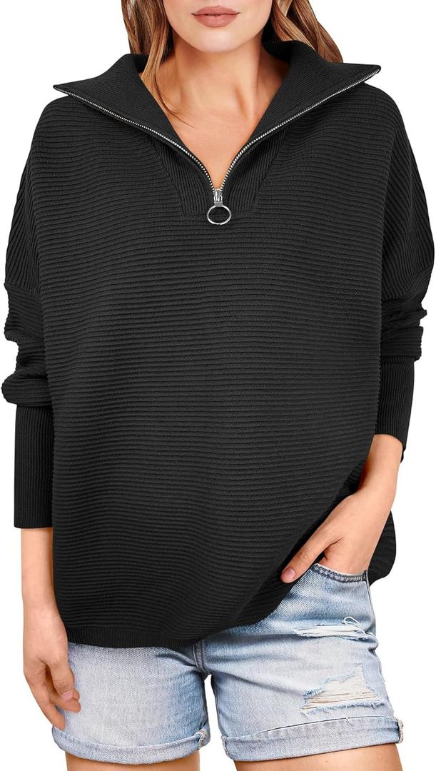ANRABESS Women Quarter Zip Oversized Casual Loose Rib Knit Cozy Pullover Sweaters Top 2025 Fall Fashion Outfits Clothes (Small, Black)