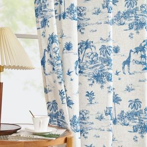 jinchan Linen Toile Curtains Floral Printed Curtain 96 Inches Long for Living Room Toile de Jouy Farmhouse French Country Curtain Grommet Top Light Filtering Drapes for Bedroom 2 Panels Blue on Beige