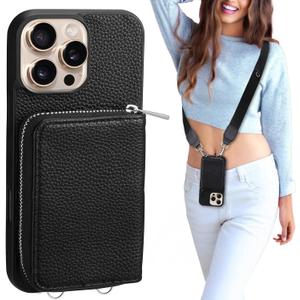 XANGNIER Wallet Case for iPhone 16 Pro, RFID Blocking PU Leather Crossbody Phone Purse with Card Holder, Zipper Pocket, Wrist Strap & Adjustable Lanyard for Women 6.3" 5G, Black
