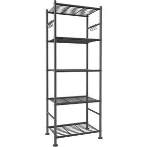 Sakugi Storage Shelves - 5-Tier Large Capacity Shelf Organizer with Hooks, Heavy-Duty Garage Shelving with Leveling Feet, Wobble-Free Rack for Bedroom, Balcony, Garage, 18.1"12.4"56.8", Black