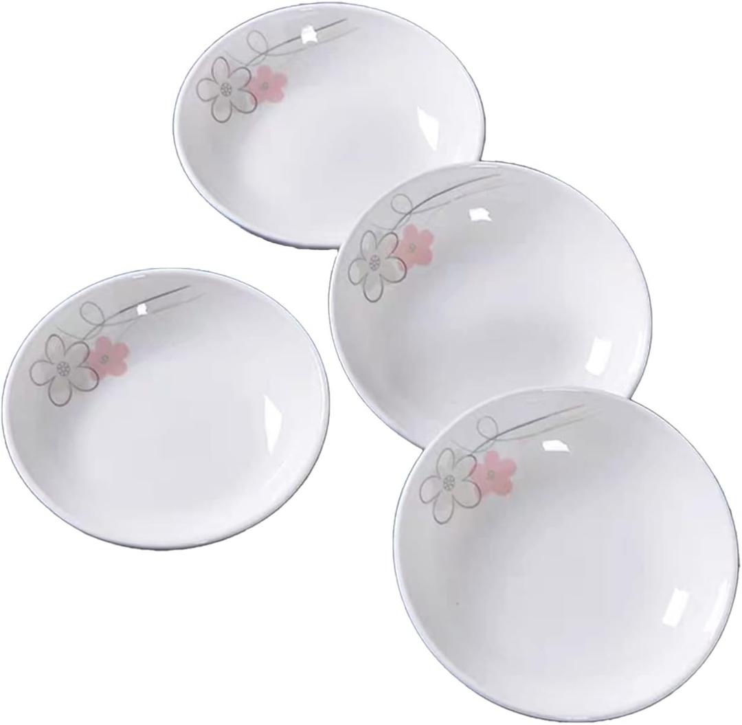 4 Pack Saucer Dishes with Pink Flower Pattern, Ceramic Dipping Bowls, 4 Inch Side Dishes Sauce Dishes for Sushi Snack, Porcelain Seasoning Dishes Appetizer Plates, Snack Serving Dishes