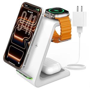 Charging Station for iPhone and Apple Watch: 3 in 1 Wireless Phone Charger Stand for iPhone 17 16 15 14 13 12 11 Pro Max & AirPods, Bedside Nightstand Docking
