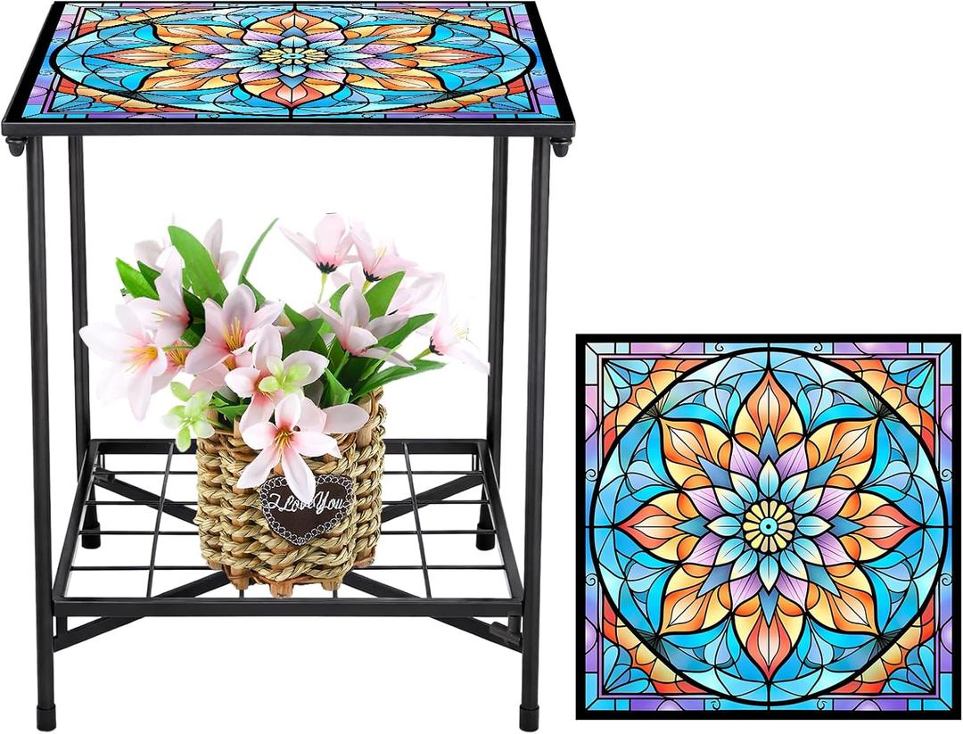 Cinnvoice Outdoor Side Table 2-tier Small Patio End Table, Mandala, 19.09 x 16.73 x 1.77 inches