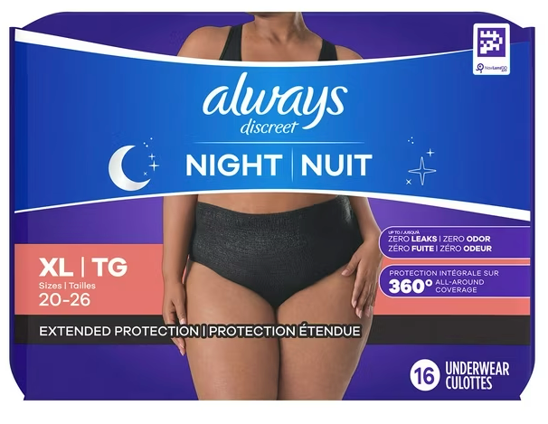 Always Discreet Adult Incontinence Overnight Underwear for Women, Extra Large, Up to 100% Bladder Leak Protection, 16 Count