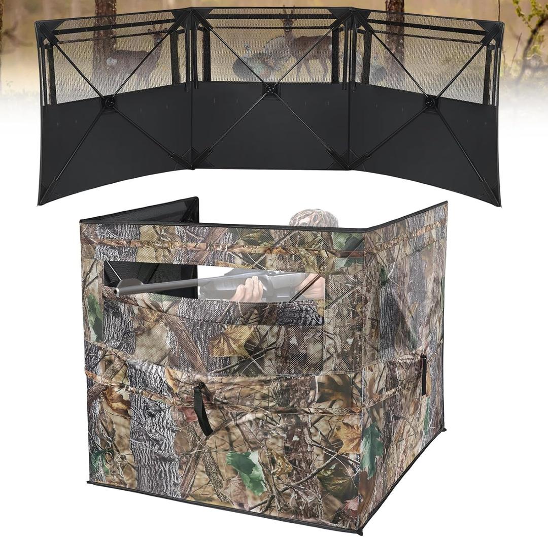 See Through Hunting Blind, 3/4 Panel Ground Blinds for Deer Hunting with Carrying Bag, Pop Up Camouflage Panel Blind Tent for Deer Duck Turkey Hunting (3 Panel(1-2 Person))