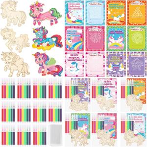 Leinuosen 24 Sets Unicorn Valentines Day Gifts Cards Wooden Painting Crafts Kit Unicorn Party Favors DIY Unfinished Wooden Crafts Exchange Gifts Cellophane Bags Markers