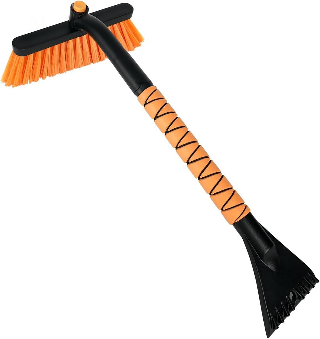 26" Car Snow Brush & Ice Scraper | 2 - in - 1 Winter Tool with Premium Bristles for Cars/SUVs/Trucks  Rotating Head, Heavy - Duty ABS | Ergonomic Foam Grip (FlameFoam Orange)