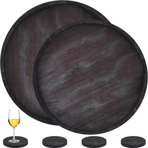 Suzile 2 Pcs Extra Large Round Ottoman Serving Tray with Handle 23" 21" Black Rustic Wooden Serving Tray with 4 Coasters Heavy Duty Round Charcuterie Board Decorative Organizer Tray for Home