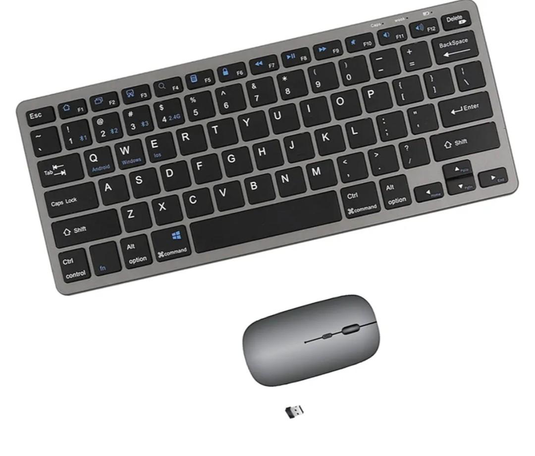 Portable mini Wireless Keyboard and Mouse Combo, Bluetooth 3.0/5.0/2.4G, Multi-Device pc,Laptop,Phone,Windows,iOS,Android Compatible, Rechargeable,78KEY,11.2inch Length (Gray)