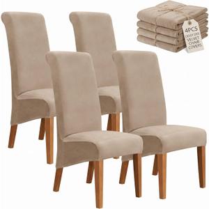 Deisy Dee Stretch XL/Oversized Extra Large Velvet Dining Room Chair Covers for Kitchen DiningRemovable Washable Chair Protectors Slipcovers (Khaki, 4)