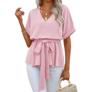 FSHAOES Womens Summer Short Sleeve Blouses V Neck Peplum T-Shirts Tops (Pink)
