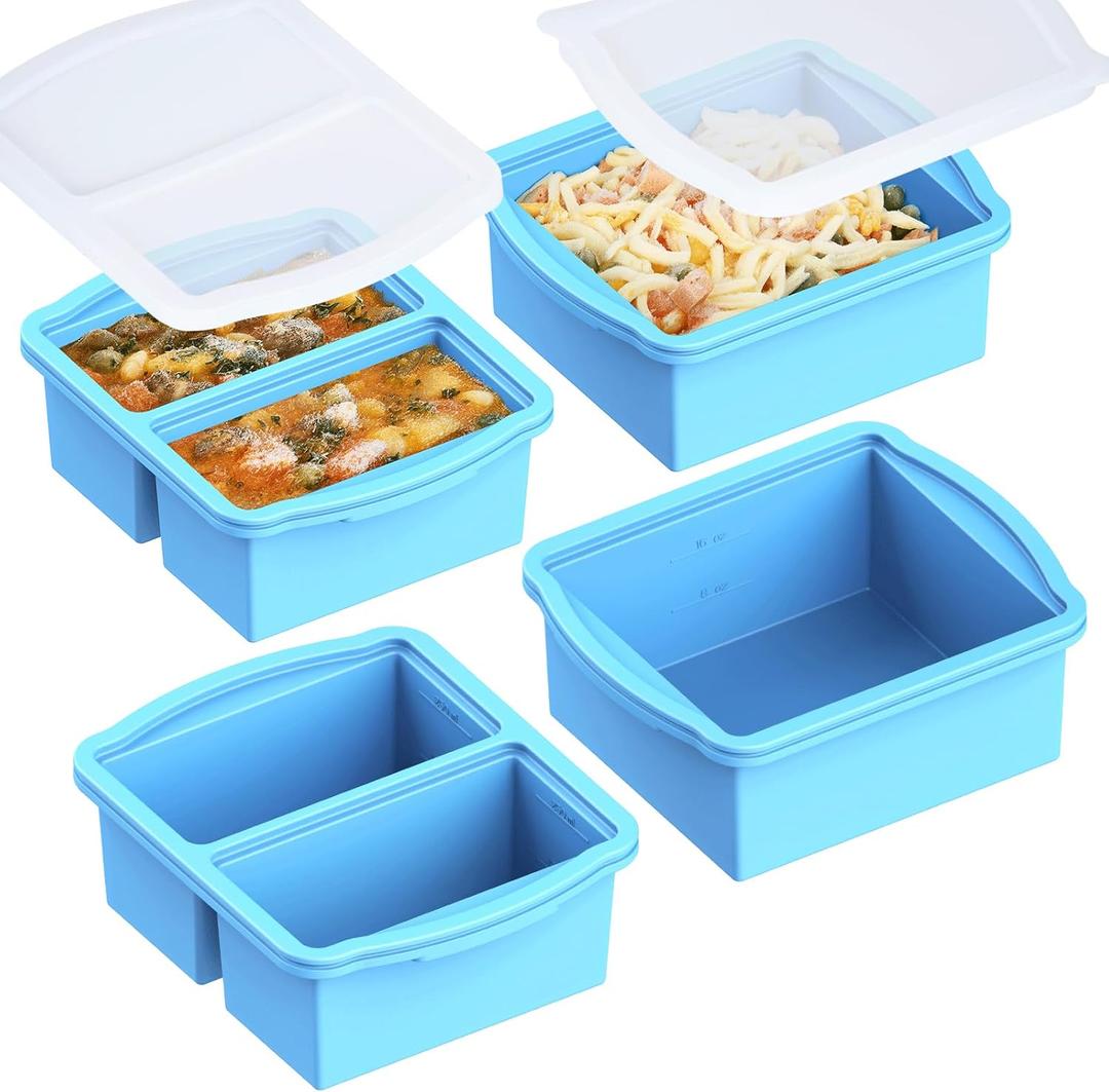 Silicone Freezer Trays with Lids, Set of 4 - with 1cup and 2 cup Silicone Freezer Molds for freezing soups, sauces and individual microwave safe (4 Pack Blue)