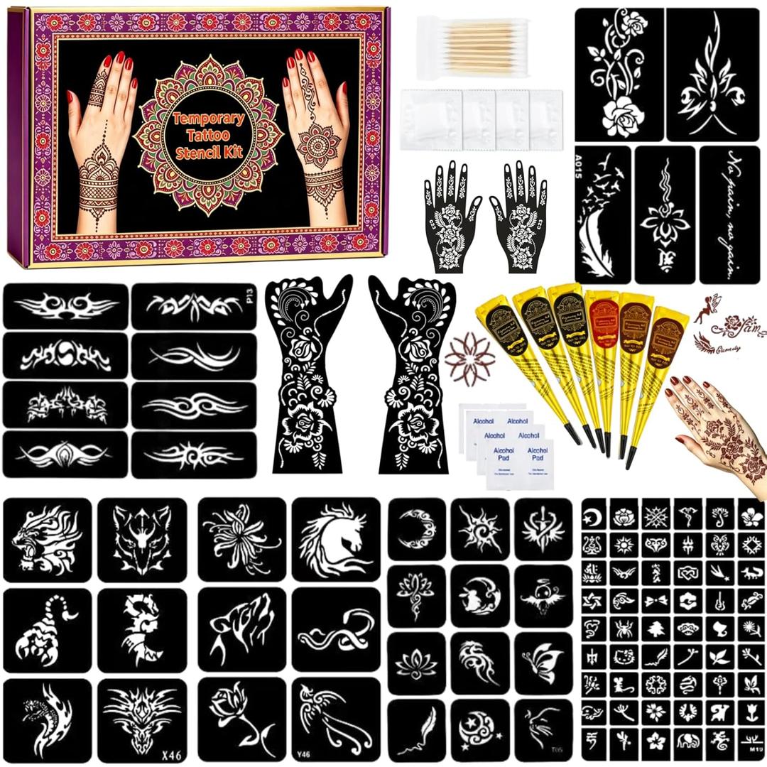 95 PCS Temporary Tattoos Stencils Kit,Temporary Tattoos Kit,6 Pcs 3 Color(black*3,brown*2 & Red*1) Ink with Gloves, 6 removal wipes,10 disposable cotton swabs DIY Body Art Painting for Adults Kids