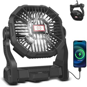 Portable Camping Fan with LED Light, 20000mAh Rechargeable Battery, Adjustable Brightness & Speed, Hanging & Handheld Design, Long-lasting Power for Camping, Hiking, Fishing, Travel, and Home (Black）