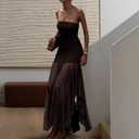 Women's Sexy Strapless Mesh Maxi Dress Tube Top Midi Dresses Wedding Guest Party Cocktail (Medium, Brown)