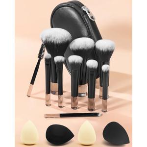 Mini Travel Makeup Brushes Portable Set, 14 Pieces, Full Complete Function Cosmetic Kit with Brush Pouch, On the Go Short Makeup Brush Small Travel Essentials for Women, Girls (Black)