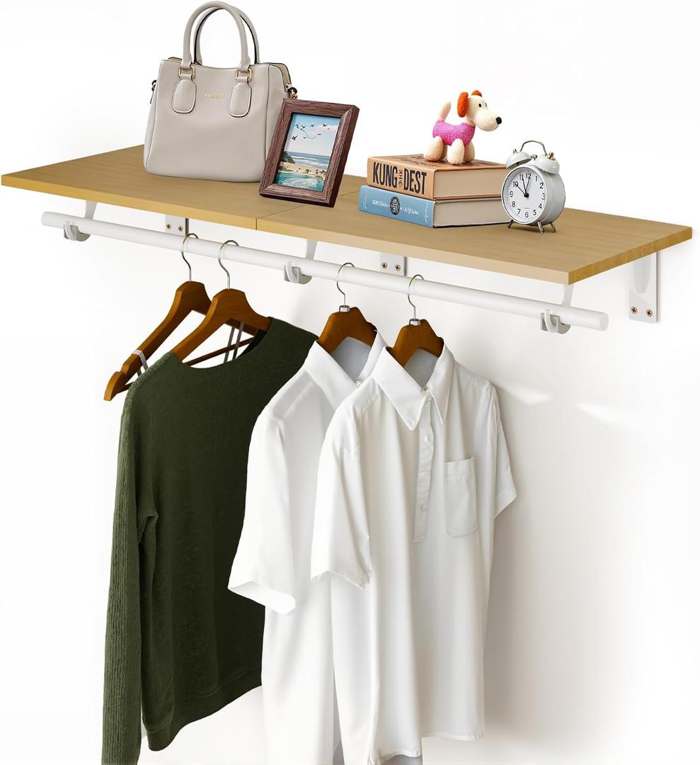 FIRJOY Wall Mounted Clothes Rack, with Top Shelf and Hanging Rod, Heavy Duty (1 PACK 11.8" x 31.5", White)