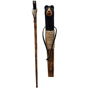 Wood Walking Trekking Hiking Pole Stick with Twine Grip, Rubber Tip, Wrist Strap, 46", Carved Bear