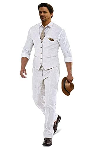 Furuyal Mens Casual Wedding Suits Linen Suits for Men 2 Piece Suits Groomsmen Tuxedos Summer Beach Prom Vest and Pants Set White, Size XL
