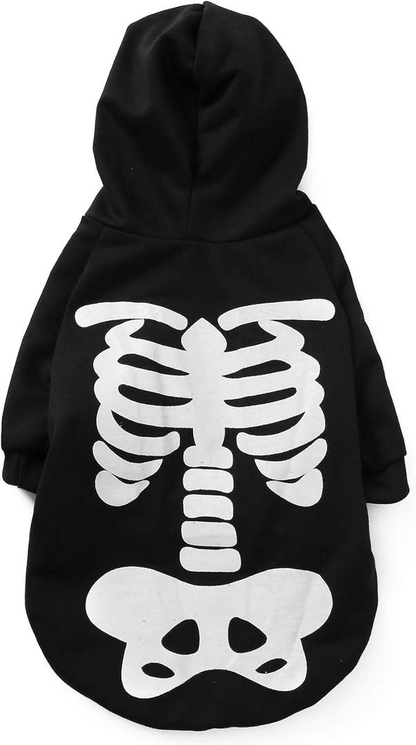Dog Cat Halloween Skeleton Hoodies Glowing Skull Cute Shirt Puppy Kitteen Costumes Bones Clothes (XL) (XL (14-17lb), Black)