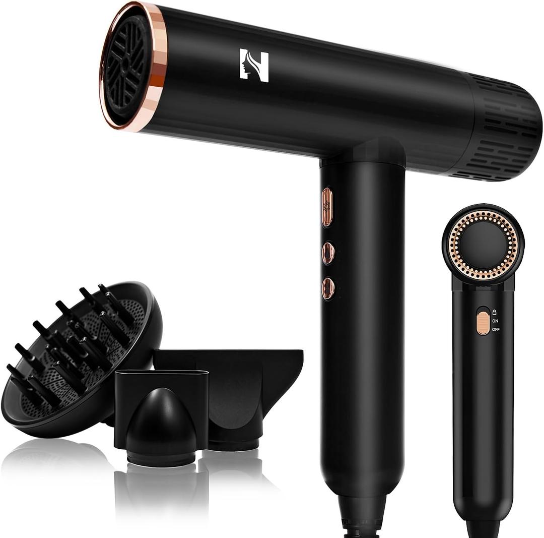Nicebay Hair Dryer, Ionic Blow Dryer with Diffuser, 1600W &110000RPM High-Speed Brushless Motor for Fast Drying, Lock Function, Constant Temperature, Lightweight (Black & Gold)