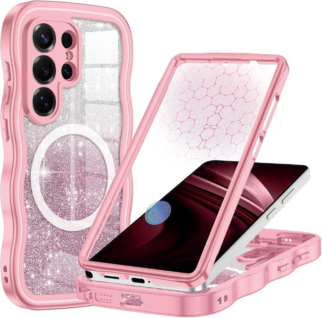 Hekodonk for Galaxy S26 Ultra Case Magnetic,[Cute Wave][Compatible with Magsafe][Built-in Tempered Glass Screen Protector] [Glitter Card] Full Body Bling Case for Samsung Galaxy S26 Ultra,All Pink