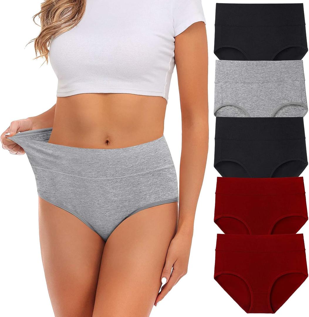 Womens Underwear,Cotton Mid Waist No Muffin Top Full Coverage Brief Ladies Panties Lingerie Undergarments for Women Pack of 2, Grey And Black (Large)