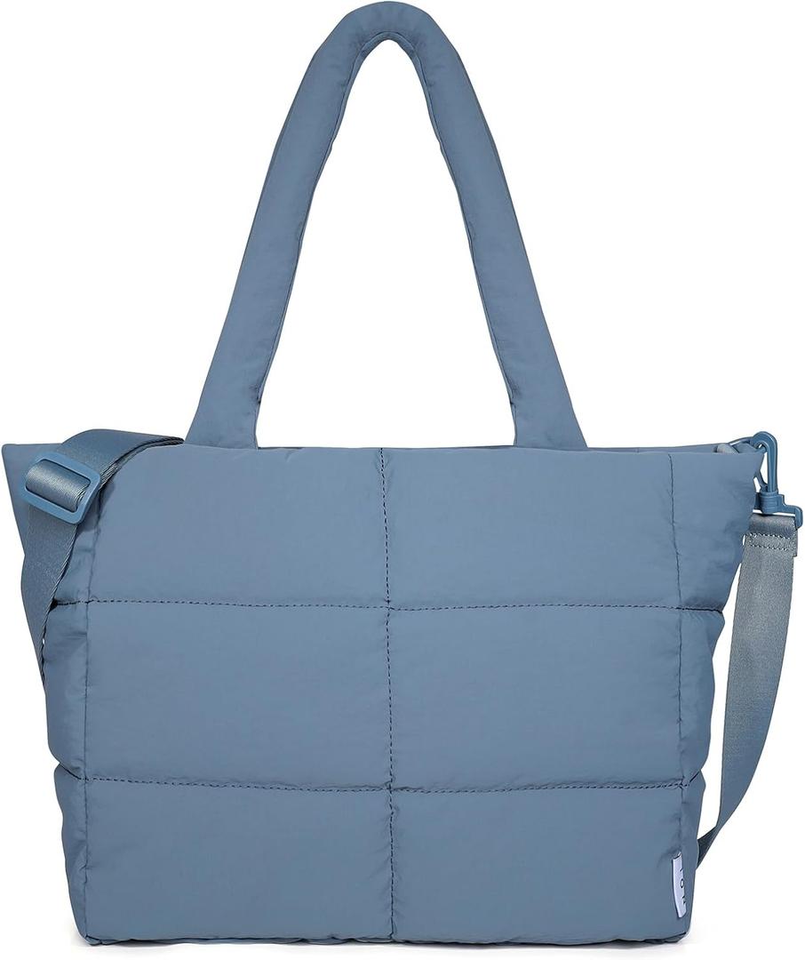 NOL Large Puffy Quilted Tote Bag for Women, Lightweight with Removable Strap & Zippered Compartments for Travel & Work (Dusty Blue)