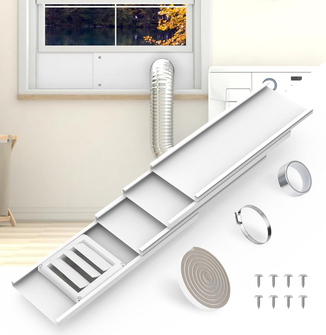 BJADE'S Dryer Vent Window Kit for 4" Dryer Vent Hose with Outdoor Dryer Vent Cover,Window Seal Plates Kit for Sliding and Hung Windows.Adjustable Length Panels Up to 63 Inches.
