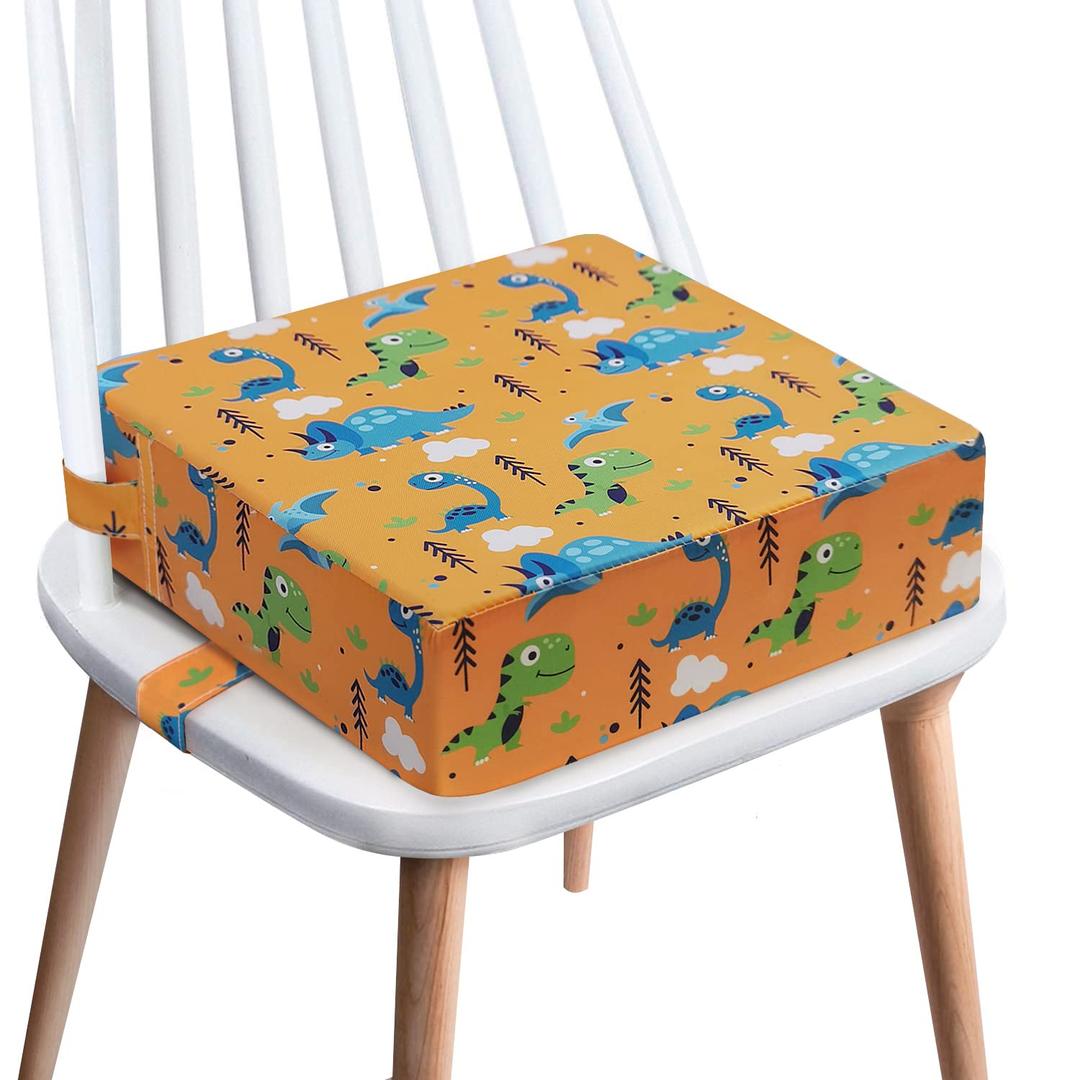 Toddler Booster Seat for Dining Table - 4in Cushion, Portable Booster for Baby, Adjustable Kids Chair Height, Washable Seat Pad Mat (Yellow-Dinosaur)