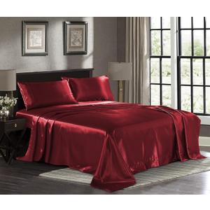 Pure Bedding Satin Sheets Queen [4-Piece, Burgundy] Hotel Luxury Silky Bed Sheets - Extra Soft 1800 Microfiber Sheet Set, Wrinkle, Fade, Deep Pocket Fitted Sheet, Flat Sheet, Pillow Cases