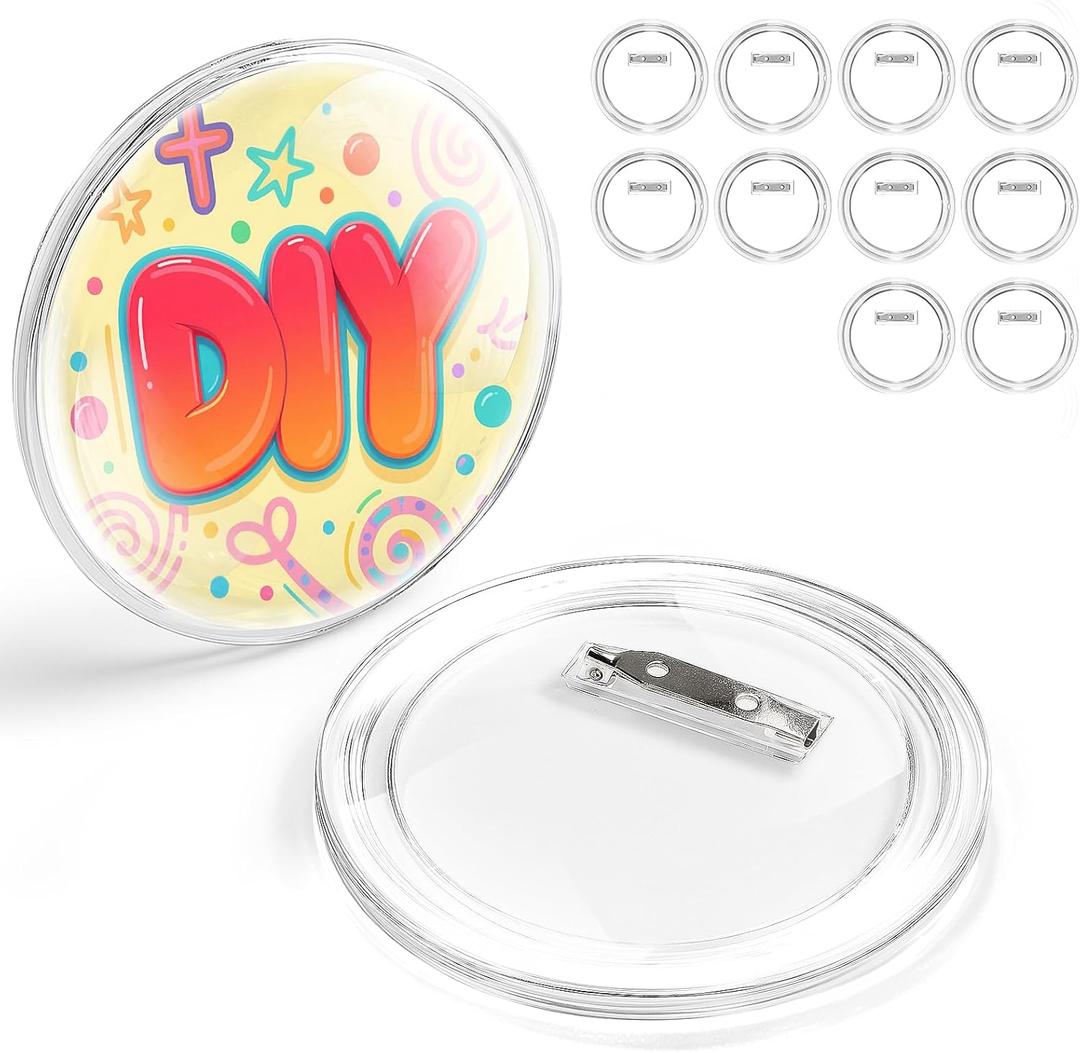 10 Pack 3.22 Inch Clear Button Pins  DIY Photo Button Snap Together No Machine - Reusable Acrylic Blank Badge Pins for Birthday Party School Projects & Parties