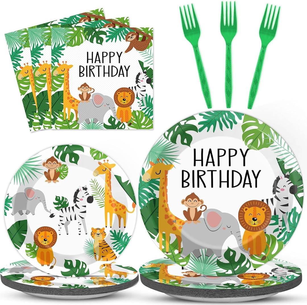 96PCS Jungle Birthday Party Plates and Napkins Safari Animals Birthday Party Decorations for 24 Guests Jungle Theme Birthday Party Tableware Set Serves Wild Animals Gold Safari Zoo Birthday Supplies