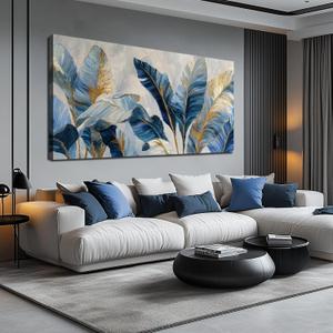 JuhaiArt White Banana Leaf Prints Bedroom Blue Canvas Art Botanical Gold Wall Artwork for Living Room Office 29" x 59"