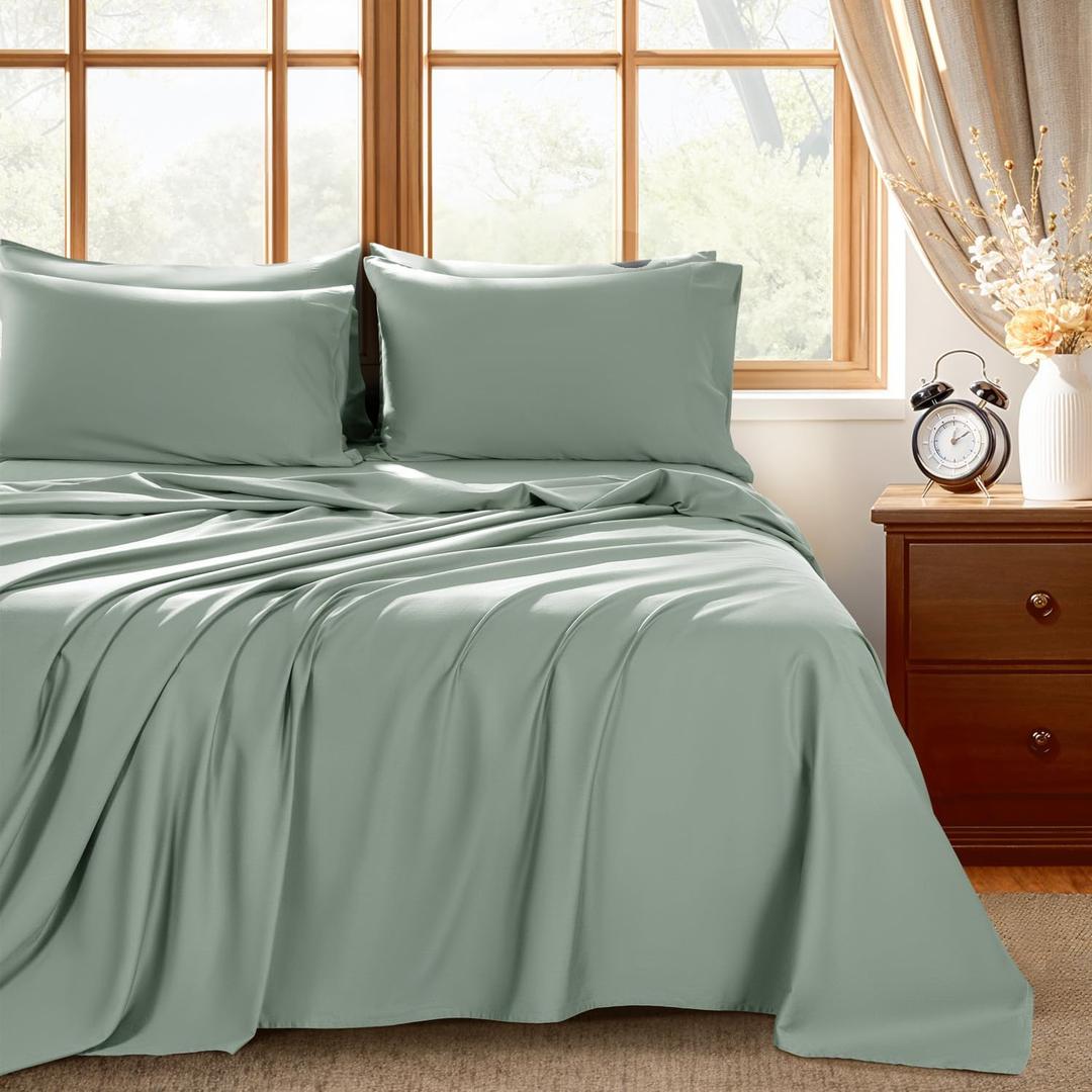 Shilucheng 100% Egyptian Cotton Queen Size Sheets Set - 1000 Thread CountLuxury Cotton Bed SheetsBreathable & Cooling Bedding and Pillow Cases, 16 Inch Deep Pocket - 6 Piece (Sea Glass, Queen)