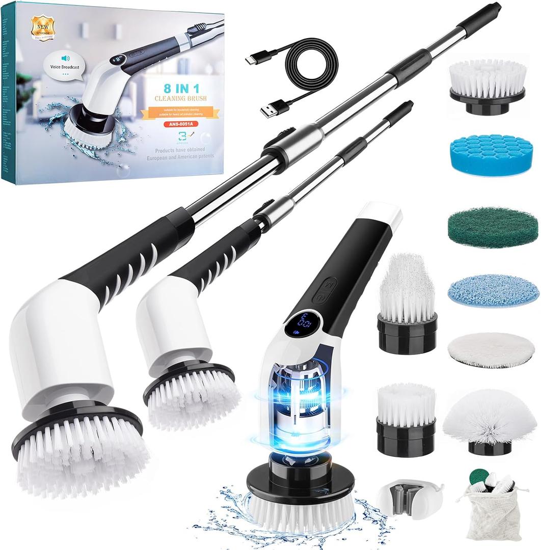 Upgraded Electric Spin Scrubber, 8 in 1 Cordless Shower Bathroom Brush with 8 Replaceable Cleaning Drill Heads, Power Max 420RPM, 55 Adjustable Extension Handle, Household Tool for Tile Tub (Upgrade White)