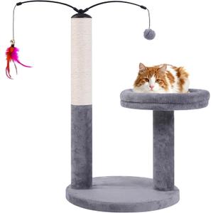 24" Scratching Post, Interactive Cat Scratcher, with Perch & Plush Toy, Sturdy Weighted Base, Grey