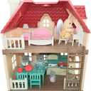 Family Cottage Doll House  2-Story Country Cottage with Dining Set & Bunny Figure, Complete Dollhouse Playset for Creative Pretend Play, Gift for Kids Ages 3+