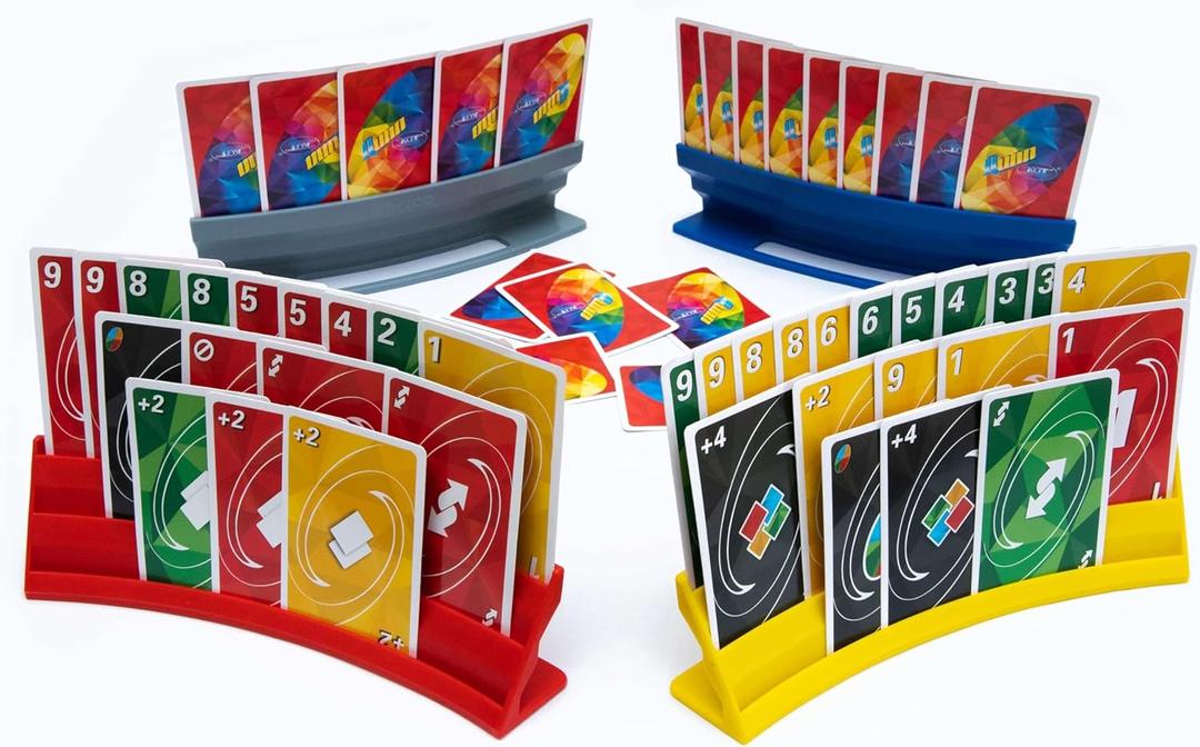 BORICO Card Holders for Playing Cards - 4 Pack Playing Card Holder for Kids and Adults,Stackable Storage Game Card Tray for Arthritis Patients with a Travel Pouch (4 Colors)