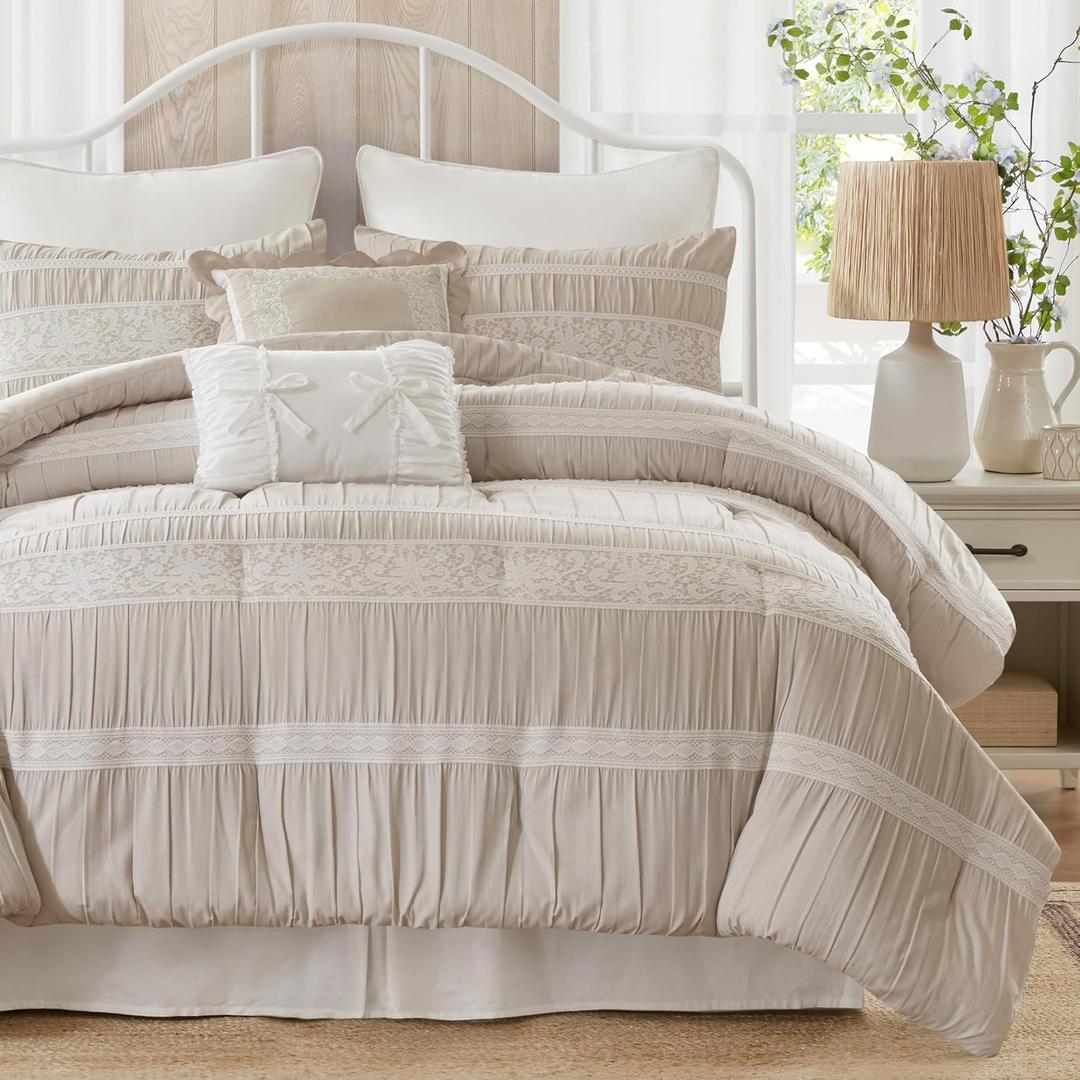 Madison Park 5-Piece Farmhouse Comforter Set with Ruching & Lace Trim, Soft Chambray Bedding, Includes Comforter and 2 Decorative Pillows, King, Neutral
