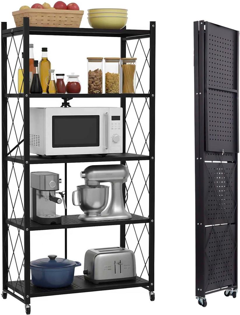 5 Tier Foldable Storage Shelf with Wheels, Heavy-Duty Metal Shelving Unit, No Assembly Book Shelf Rolling Storage Rack for Garage, Kitchen, Pantry, Closet, Exhibition, Office Decor, Black