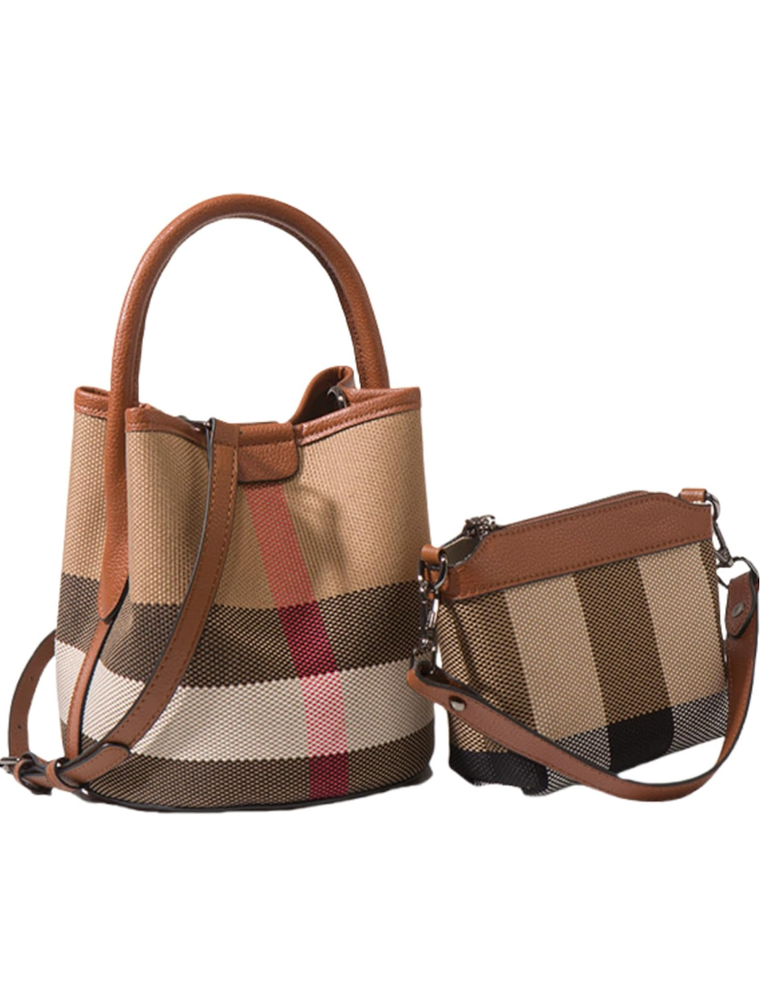 Tote Bag for Women, Leather Plaid Bucket Shoulder Bag Top Handle Canvas Crossbody Handbag Designer Classic Purse