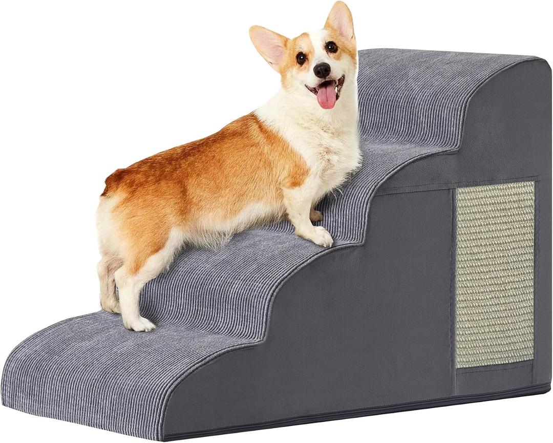 Dog Stairs for Small Dogs, 4-Step Dog Ramp for Bed 19.7" H, Dogs Steps for Bed, Couch, Pet Stairs with Non-Slip Bottom Design, Cat Scratching, High Density Foam Portable Pet Steps, Indoor, Grey, 4, 4-Step 19.7"H